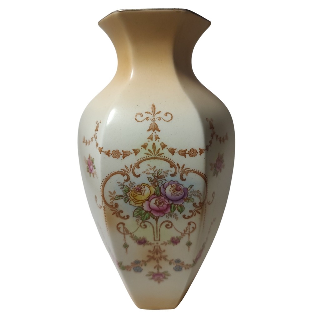 Antique Crown‎ Ducal Ware Regal Floral Vase Hexagon Art Deco England SEE